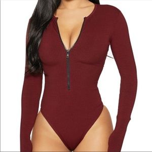Naked Wardrobe Zip Front Long Sleeve Ribbed Bodysuit In Dark Wine Size S NWT